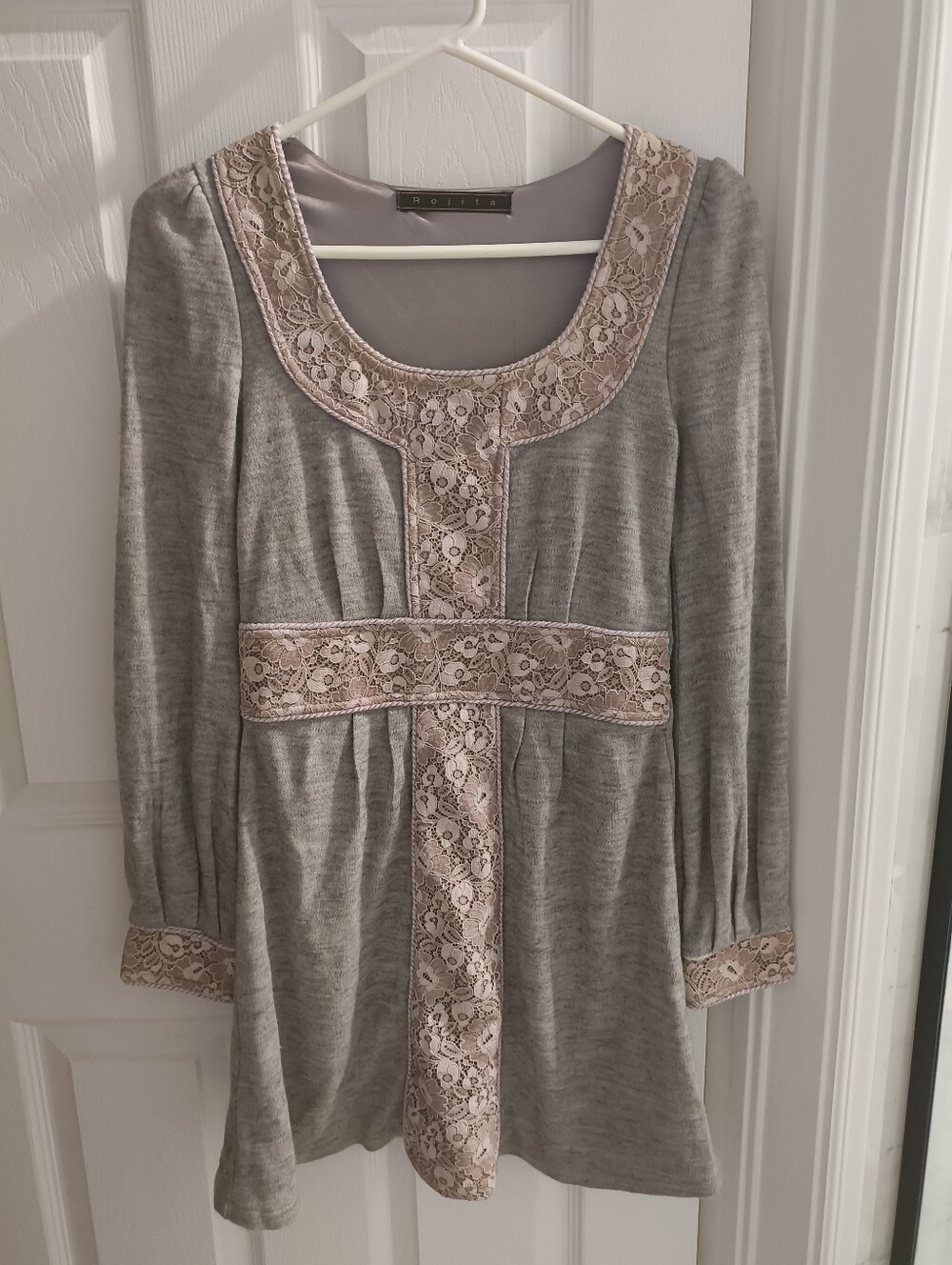 Gray Long-Sleeve Dress with Beige Lace Trim